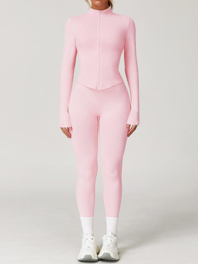 Women'S 2-Piece Set Seamless Sexy Standing Collar Zipper Exercise Suit Windproof Slim Warm Top Long Sleeve + Tight Hip Lifting Exercise Pants Quick Dry Yoga Clothing Fitness Running Exercise Stretchy Breathable Zipper Exercise Suit with Finger Holes