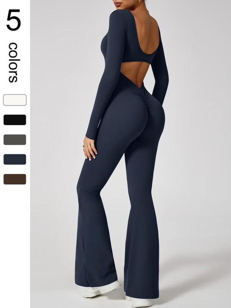 Women'S High Elasticity Long Sleeved Jumpsuit with Wide Legs, Hollow Back Waist Lifting and Tight Fitting Yoga Clothes for All Seasons Golf Tennis Outdoor Running Cycling Hiking Walking Gym Sports Training Fashionable and Versatile, Workout Gym Clothing