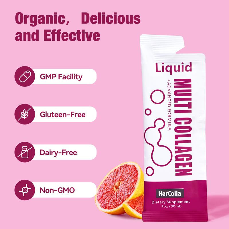 Hercolla Liquid Multi Collagen with 8G Peptides 10000Mcg Biotin Hyaluronic Acid & Vitamin C for Hair Skin Nails & Joints Natural Blood Orange Flavor - Edible