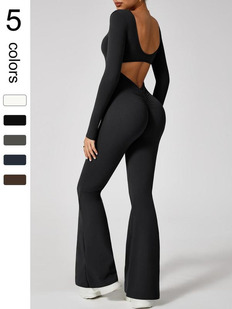 Women'S High Elasticity Long Sleeved Jumpsuit with Wide Legs, Hollow Back Waist Lifting and Tight Fitting Yoga Clothes for All Seasons Golf Tennis Outdoor Running Cycling Hiking Walking Gym Sports Training Fashionable and Versatile, Workout Gym Clothing