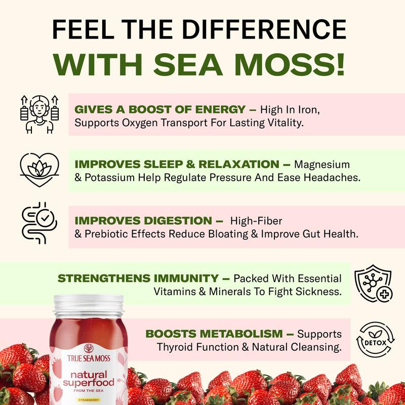 Trueseamoss Strawberry Irish Sea Moss Gel – Rich in Minerals & Vitamins – Supports Immune, Improves Digestion, Boost Energy, Skin & Hair Health - Made in USA