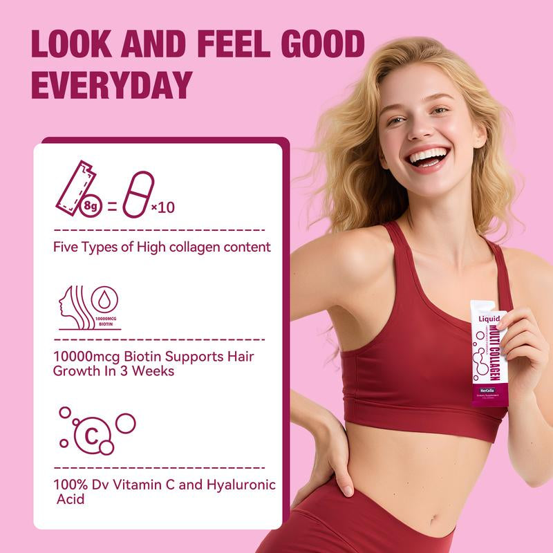 Hercolla Liquid Multi Collagen with 8G Peptides 10000Mcg Biotin Hyaluronic Acid & Vitamin C for Hair Skin Nails & Joints Natural Blood Orange Flavor - Edible