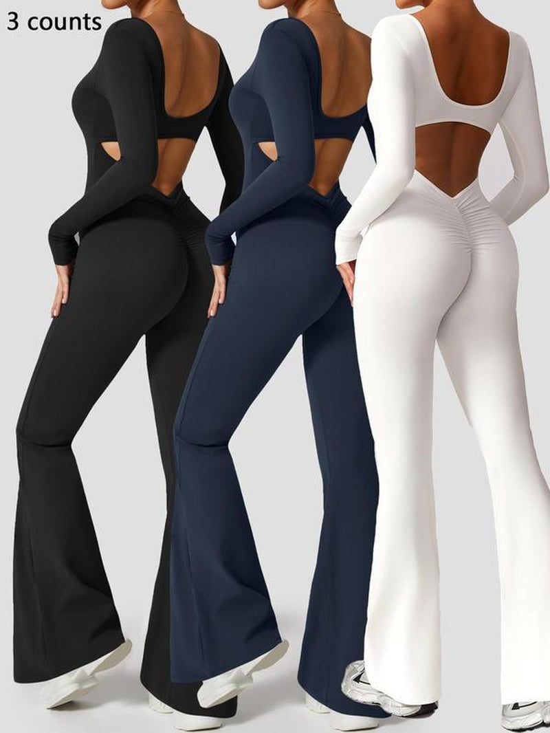 Women'S High Elasticity Long Sleeved Jumpsuit with Wide Legs, Hollow Back Waist Lifting and Tight Fitting Yoga Clothes for All Seasons Golf Tennis Outdoor Running Cycling Hiking Walking Gym Sports Training Fashionable and Versatile, Workout Gym Clothing