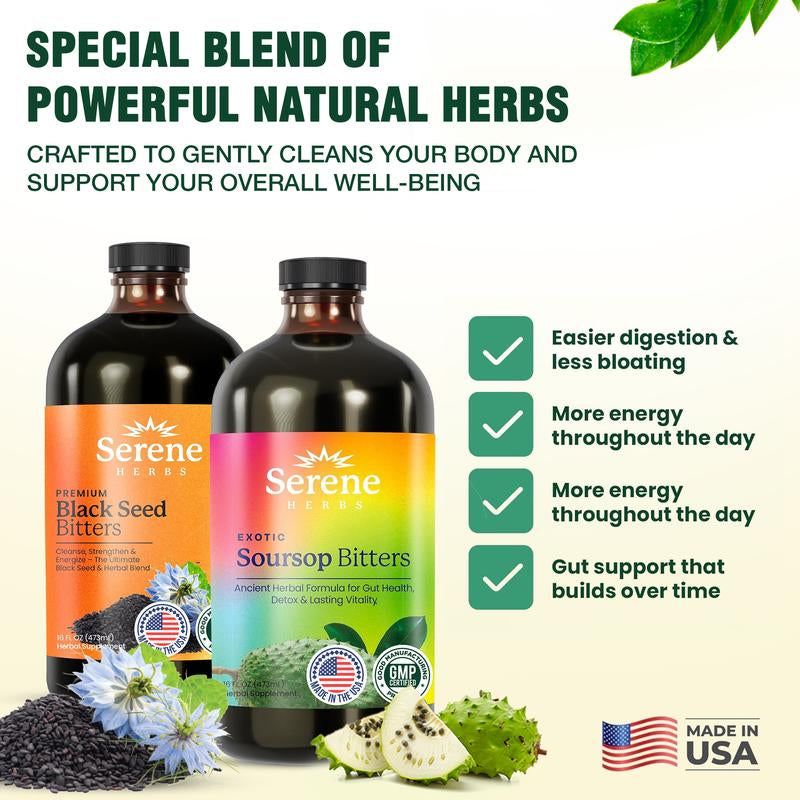 Serene Herbs Soursop & Black Seed Bitters Bundle | Organic Herbal Detox for Digestive Health, Immune Support & Energy | Non-Gmo, Vegan (32 Fl Oz, 16 Fl Oz Each)