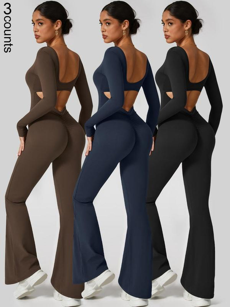 Women'S High Elasticity Long Sleeved Jumpsuit with Wide Legs, Hollow Back Waist Lifting and Tight Fitting Yoga Clothes for All Seasons Golf Tennis Outdoor Running Cycling Hiking Walking Gym Sports Training Fashionable and Versatile, Workout Gym Clothing