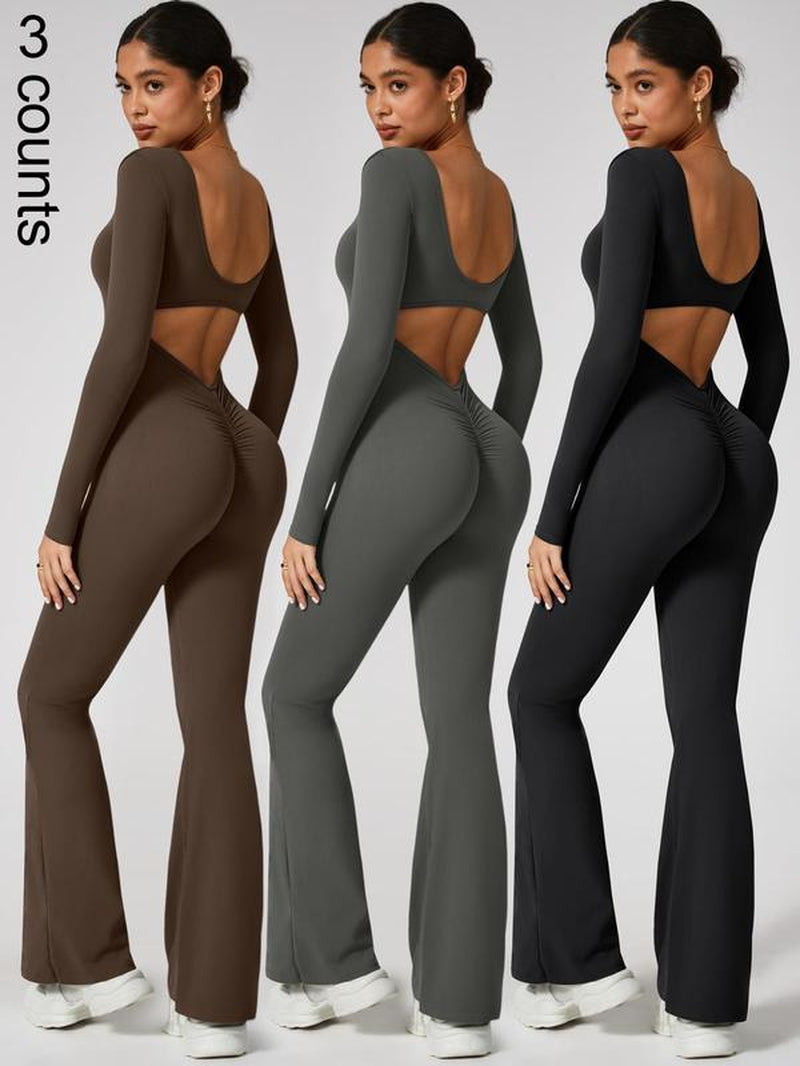 Women'S High Elasticity Long Sleeved Jumpsuit with Wide Legs, Hollow Back Waist Lifting and Tight Fitting Yoga Clothes for All Seasons Golf Tennis Outdoor Running Cycling Hiking Walking Gym Sports Training Fashionable and Versatile, Workout Gym Clothing