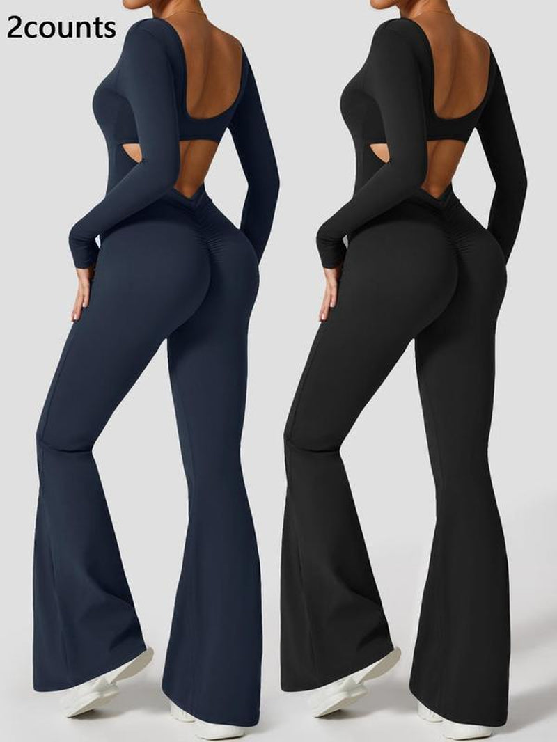 Women'S High Elasticity Long Sleeved Jumpsuit with Wide Legs, Hollow Back Waist Lifting and Tight Fitting Yoga Clothes for All Seasons Golf Tennis Outdoor Running Cycling Hiking Walking Gym Sports Training Fashionable and Versatile, Workout Gym Clothing