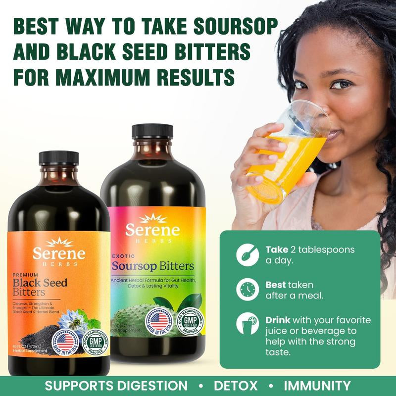 Serene Herbs Soursop & Black Seed Bitters Bundle | Organic Herbal Detox for Digestive Health, Immune Support & Energy | Non-Gmo, Vegan (32 Fl Oz, 16 Fl Oz Each)