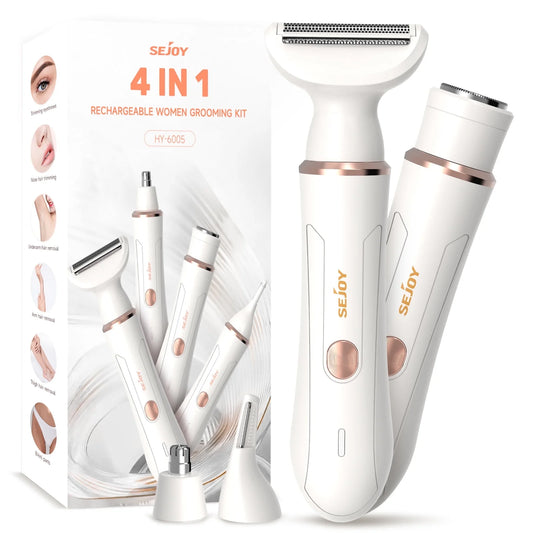 Electric Razor Shaver for Women, 4 in 1 Bikini Trimmer for Women,Cordless Protable Rechargeable Body Hair Removal Kit for Eyebrow Face Nose Legs Underarms and Bikini Line,White
