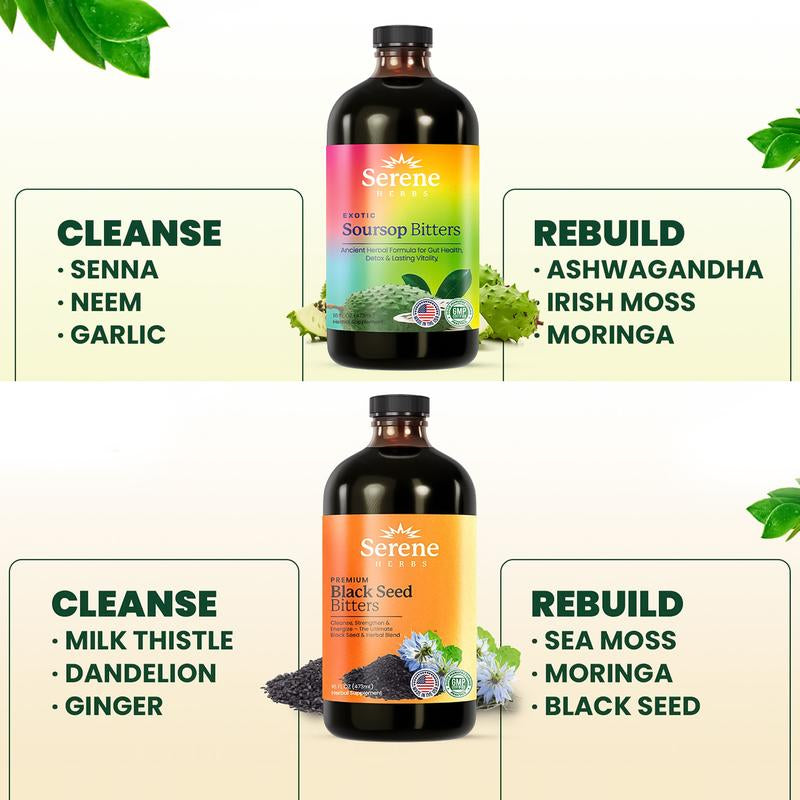 Serene Herbs Soursop & Black Seed Bitters Bundle | Organic Herbal Detox for Digestive Health, Immune Support & Energy | Non-Gmo, Vegan (32 Fl Oz, 16 Fl Oz Each)
