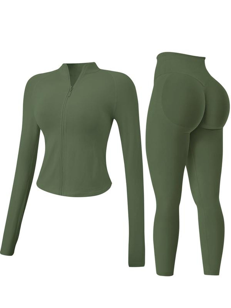 Women'S 2-Piece Set Seamless Sexy Standing Collar Zipper Exercise Suit Windproof Slim Warm Top Long Sleeve + Tight Hip Lifting Exercise Pants Quick Dry Yoga Clothing Fitness Running Exercise Stretchy Breathable Zipper Exercise Suit with Finger Holes