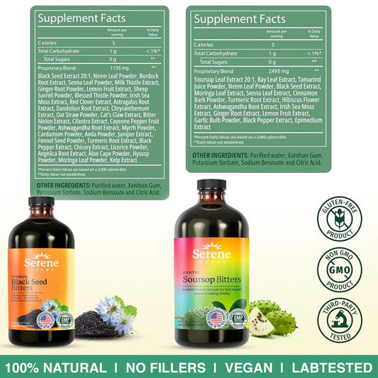 Serene Herbs Soursop & Black Seed Bitters Bundle | Organic Herbal Detox for Digestive Health, Immune Support & Energy | Non-Gmo, Vegan (32 Fl Oz, 16 Fl Oz Each)
