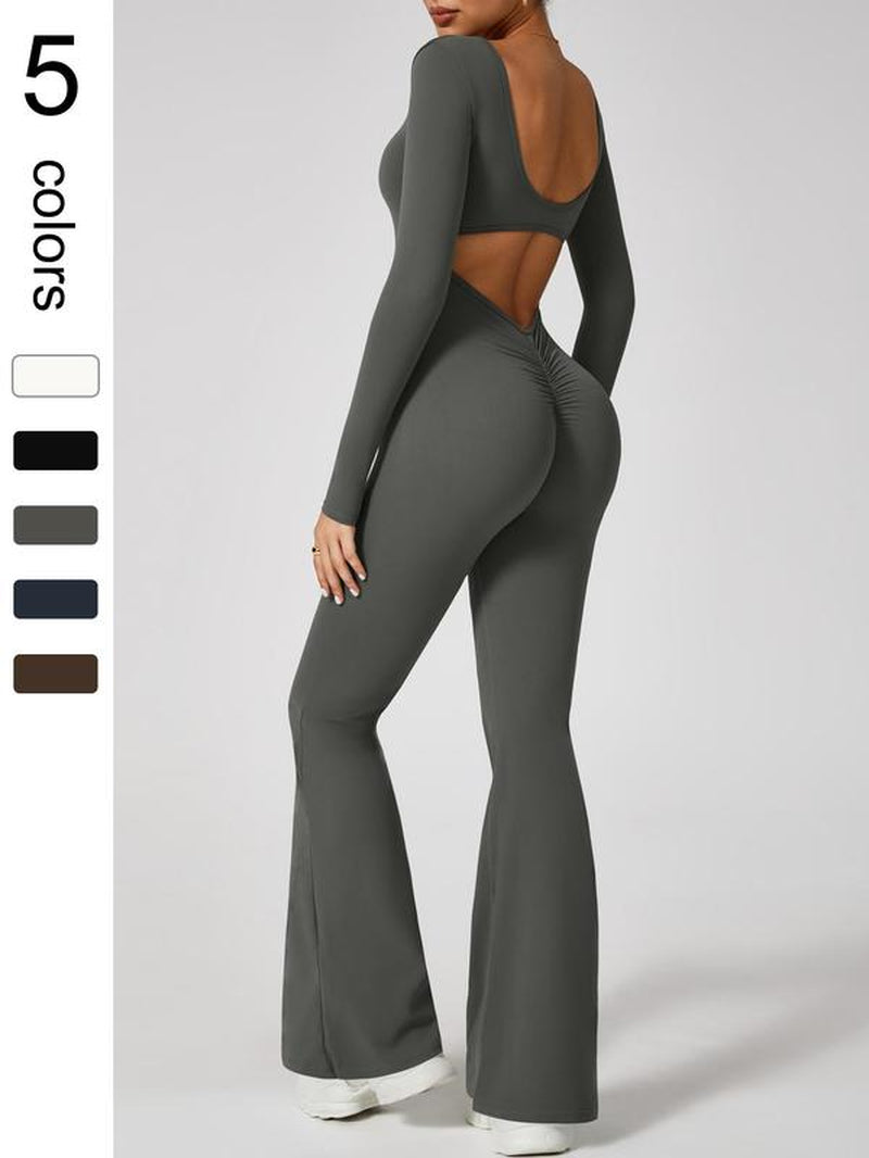 Women'S High Elasticity Long Sleeved Jumpsuit with Wide Legs, Hollow Back Waist Lifting and Tight Fitting Yoga Clothes for All Seasons Golf Tennis Outdoor Running Cycling Hiking Walking Gym Sports Training Fashionable and Versatile, Workout Gym Clothing