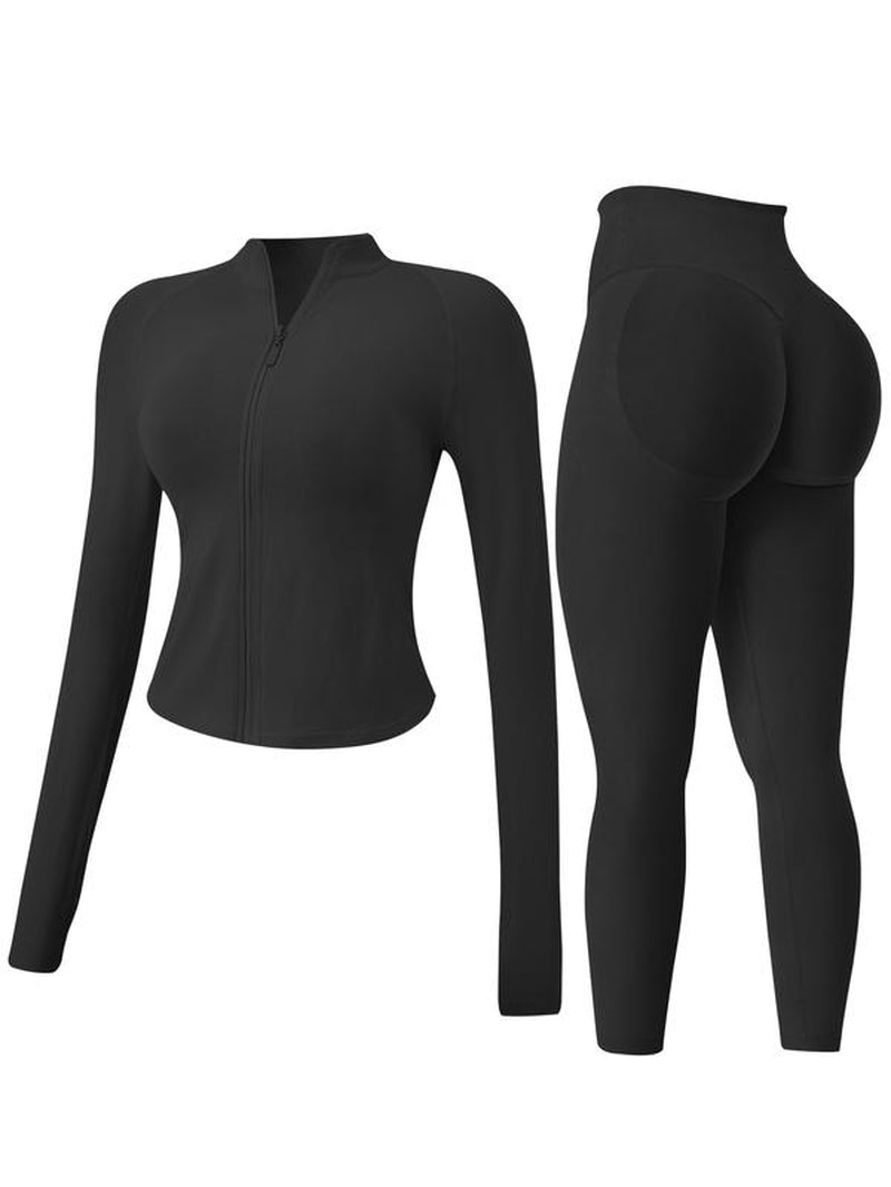 Women'S 2-Piece Set Seamless Sexy Standing Collar Zipper Exercise Suit Windproof Slim Warm Top Long Sleeve + Tight Hip Lifting Exercise Pants Quick Dry Yoga Clothing Fitness Running Exercise Stretchy Breathable Zipper Exercise Suit with Finger Holes