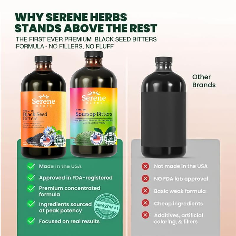 Serene Herbs Soursop & Black Seed Bitters Bundle | Organic Herbal Detox for Digestive Health, Immune Support & Energy | Non-Gmo, Vegan (32 Fl Oz, 16 Fl Oz Each)