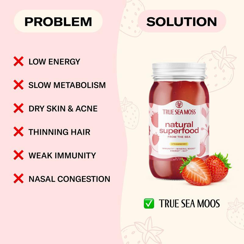 Trueseamoss Strawberry Irish Sea Moss Gel – Rich in Minerals & Vitamins – Supports Immune, Improves Digestion, Boost Energy, Skin & Hair Health - Made in USA
