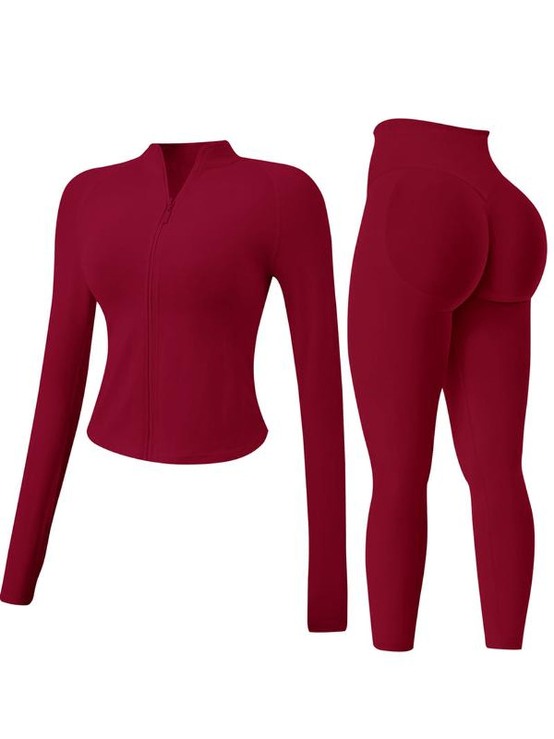 Women'S 2-Piece Set Seamless Sexy Standing Collar Zipper Exercise Suit Windproof Slim Warm Top Long Sleeve + Tight Hip Lifting Exercise Pants Quick Dry Yoga Clothing Fitness Running Exercise Stretchy Breathable Zipper Exercise Suit with Finger Holes