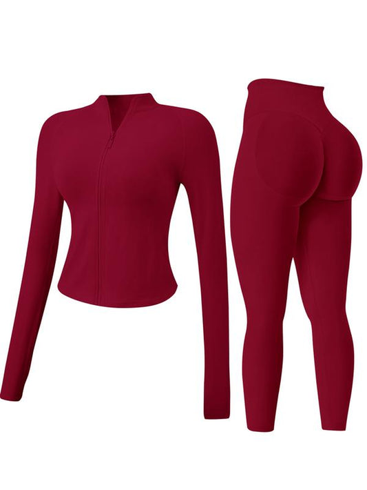 Women'S 2-Piece Set Seamless Sexy Standing Collar Zipper Exercise Suit Windproof Slim Warm Top Long Sleeve + Tight Hip Lifting Exercise Pants Quick Dry Yoga Clothing Fitness Running Exercise Stretchy Breathable Zipper Exercise Suit with Finger Holes