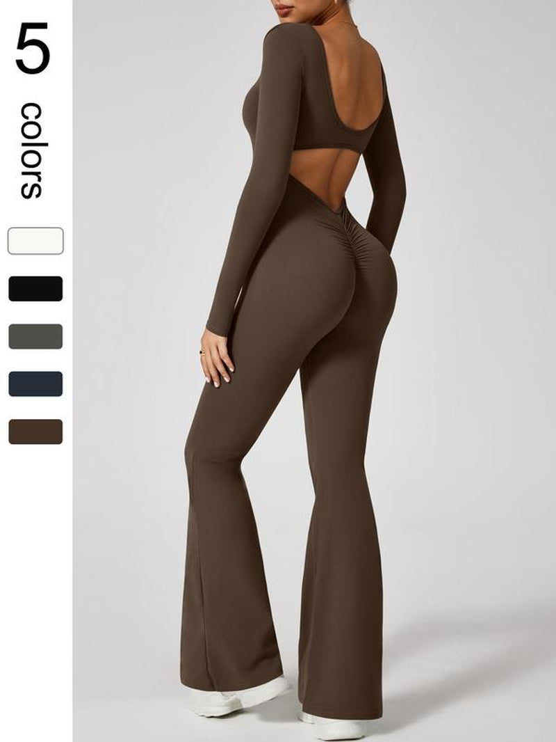 Women'S High Elasticity Long Sleeved Jumpsuit with Wide Legs, Hollow Back Waist Lifting and Tight Fitting Yoga Clothes for All Seasons Golf Tennis Outdoor Running Cycling Hiking Walking Gym Sports Training Fashionable and Versatile, Workout Gym Clothing