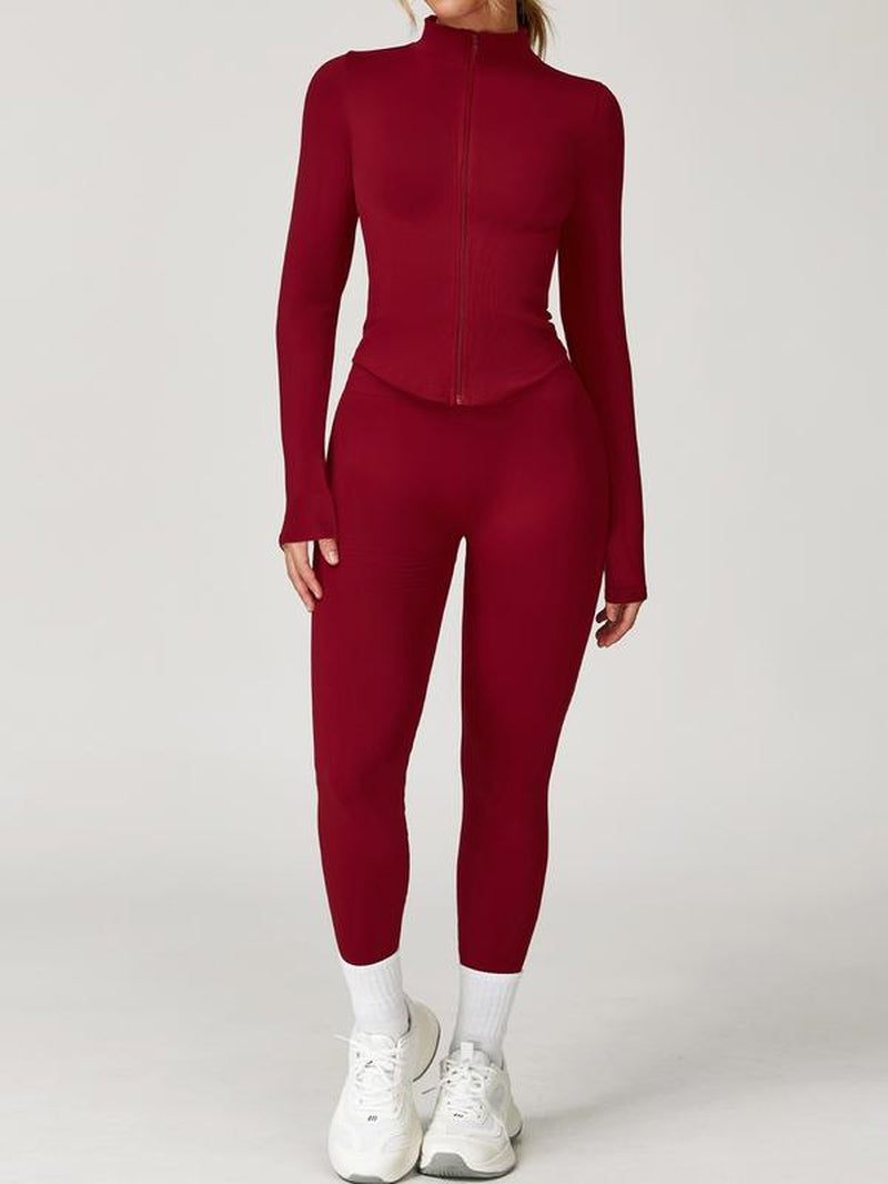 Women'S 2-Piece Set Seamless Sexy Standing Collar Zipper Exercise Suit Windproof Slim Warm Top Long Sleeve + Tight Hip Lifting Exercise Pants Quick Dry Yoga Clothing Fitness Running Exercise Stretchy Breathable Zipper Exercise Suit with Finger Holes