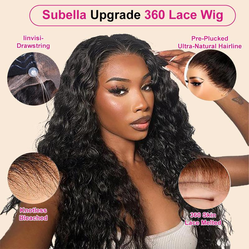 Subella Hidden Strap 360 Lace Water Wave Human Hair Wig Invisi Strap Snug Fit 360 Lace Frontal Wig Pre Bleached Knots Pre Plucked Crystal Band HD Lace Wig Invisi-Drawstring 360 Lace Wig