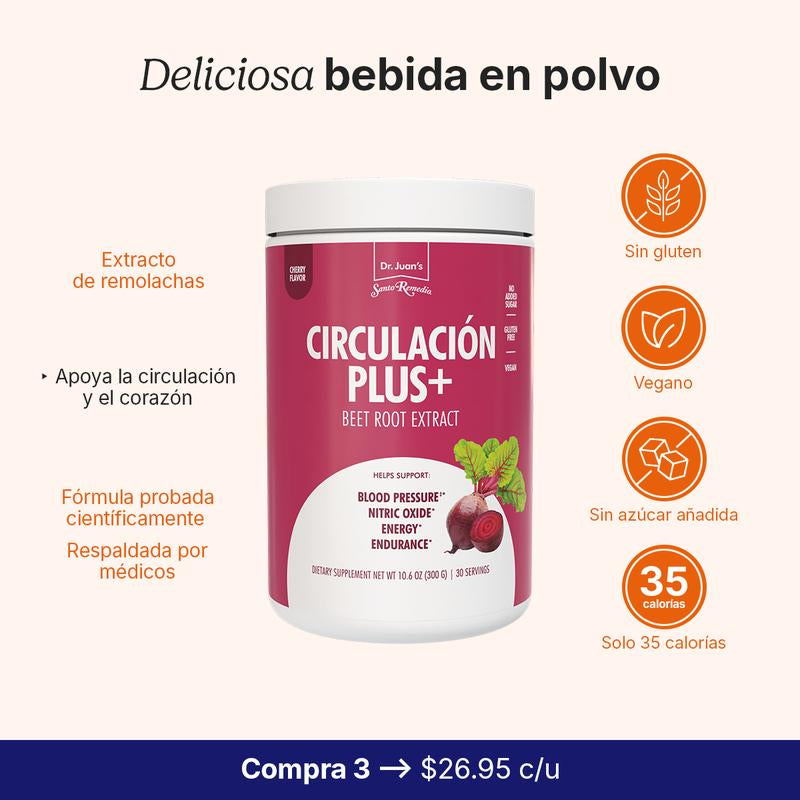 Santo Remedio Circulacion Plus, Nutritional Supplement, Beets Extract, Superfood for Circulation and Heart, Energy & Stamina, Supports Nitric Oxide and Circulation, Cherry Flavor, 30 Servings, Vegan