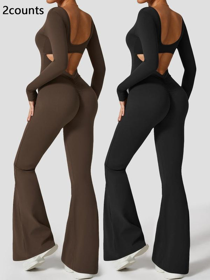 Women'S High Elasticity Long Sleeved Jumpsuit with Wide Legs, Hollow Back Waist Lifting and Tight Fitting Yoga Clothes for All Seasons Golf Tennis Outdoor Running Cycling Hiking Walking Gym Sports Training Fashionable and Versatile, Workout Gym Clothing