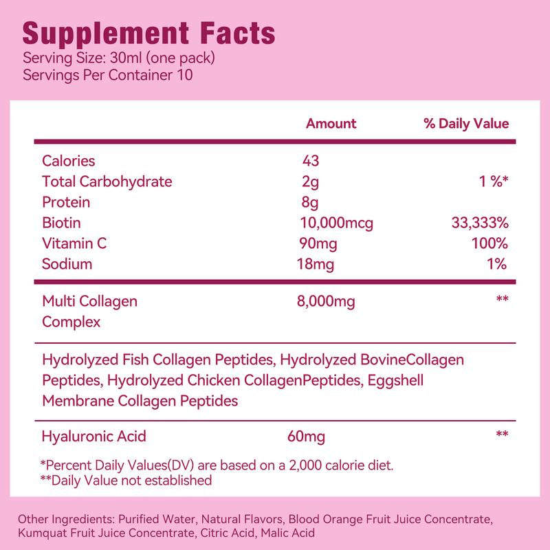 Hercolla Liquid Multi Collagen with 8G Peptides 10000Mcg Biotin Hyaluronic Acid & Vitamin C for Hair Skin Nails & Joints Natural Blood Orange Flavor - Edible