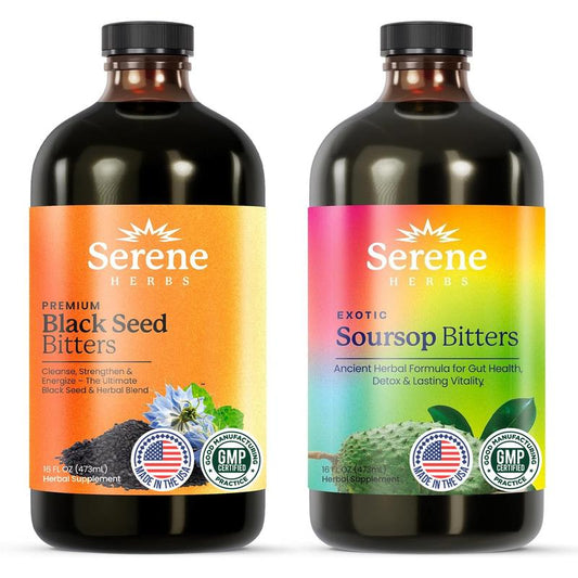 Serene Herbs Soursop & Black Seed Bitters Bundle | Organic Herbal Detox for Digestive Health, Immune Support & Energy | Non-Gmo, Vegan (32 Fl Oz, 16 Fl Oz Each)