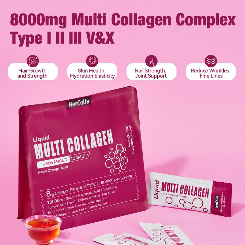 Hercolla Liquid Multi Collagen with 8G Peptides 10000Mcg Biotin Hyaluronic Acid & Vitamin C for Hair Skin Nails & Joints Natural Blood Orange Flavor - Edible