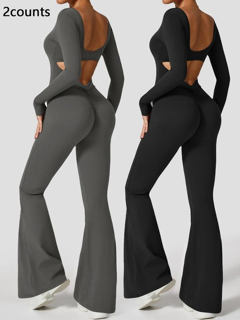 Women'S High Elasticity Long Sleeved Jumpsuit with Wide Legs, Hollow Back Waist Lifting and Tight Fitting Yoga Clothes for All Seasons Golf Tennis Outdoor Running Cycling Hiking Walking Gym Sports Training Fashionable and Versatile, Workout Gym Clothing