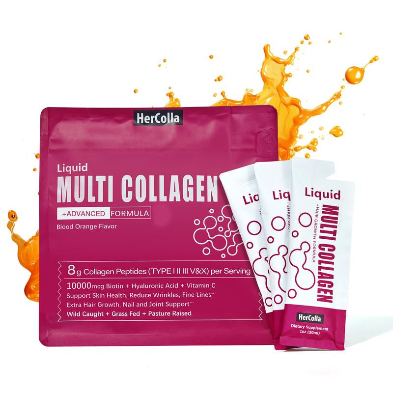 Hercolla Liquid Multi Collagen with 8G Peptides 10000Mcg Biotin Hyaluronic Acid & Vitamin C for Hair Skin Nails & Joints Natural Blood Orange Flavor - Edible