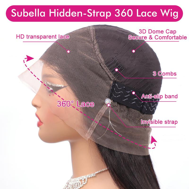 Subella Hidden Strap 360 Lace Water Wave Human Hair Wig Invisi Strap Snug Fit 360 Lace Frontal Wig Pre Bleached Knots Pre Plucked Crystal Band HD Lace Wig Invisi-Drawstring 360 Lace Wig