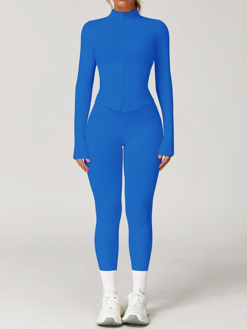 Women'S 2-Piece Set Seamless Sexy Standing Collar Zipper Exercise Suit Windproof Slim Warm Top Long Sleeve + Tight Hip Lifting Exercise Pants Quick Dry Yoga Clothing Fitness Running Exercise Stretchy Breathable Zipper Exercise Suit with Finger Holes