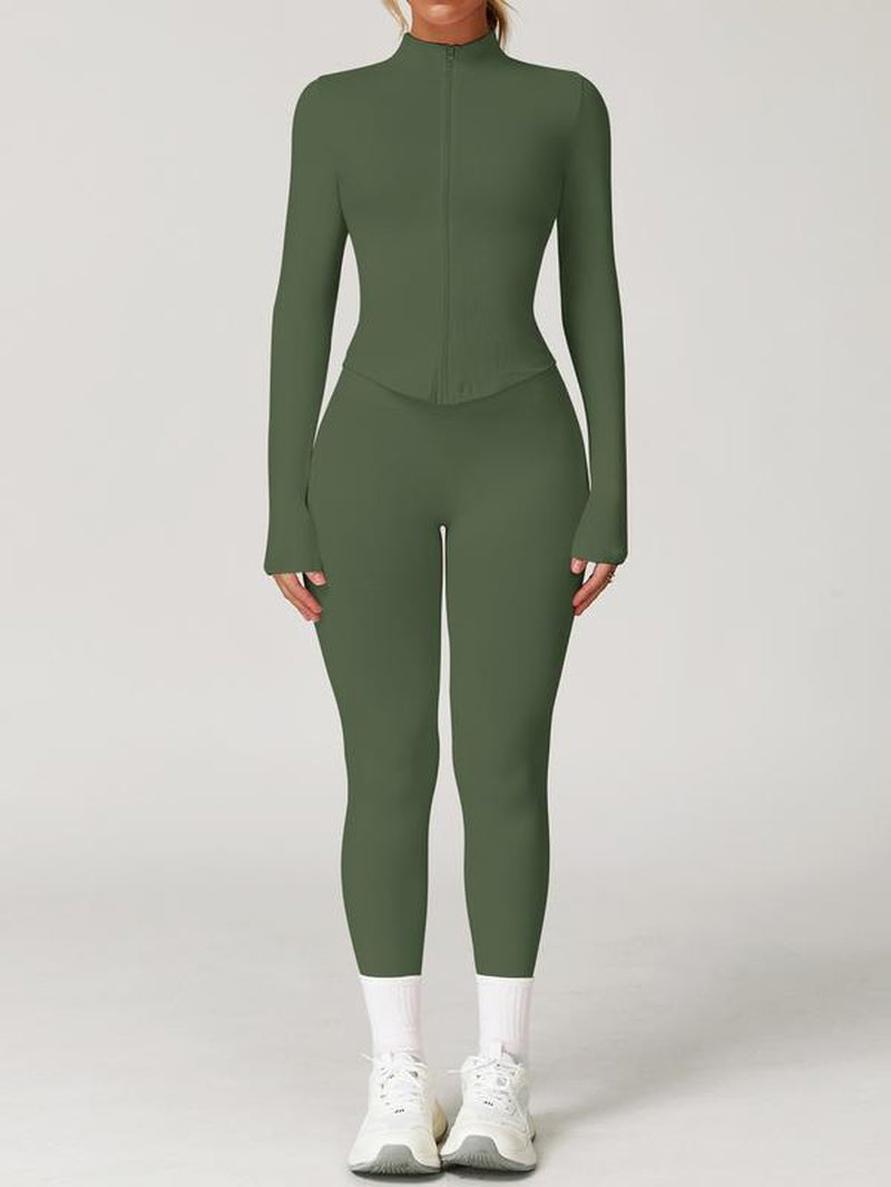 Women'S 2-Piece Set Seamless Sexy Standing Collar Zipper Exercise Suit Windproof Slim Warm Top Long Sleeve + Tight Hip Lifting Exercise Pants Quick Dry Yoga Clothing Fitness Running Exercise Stretchy Breathable Zipper Exercise Suit with Finger Holes