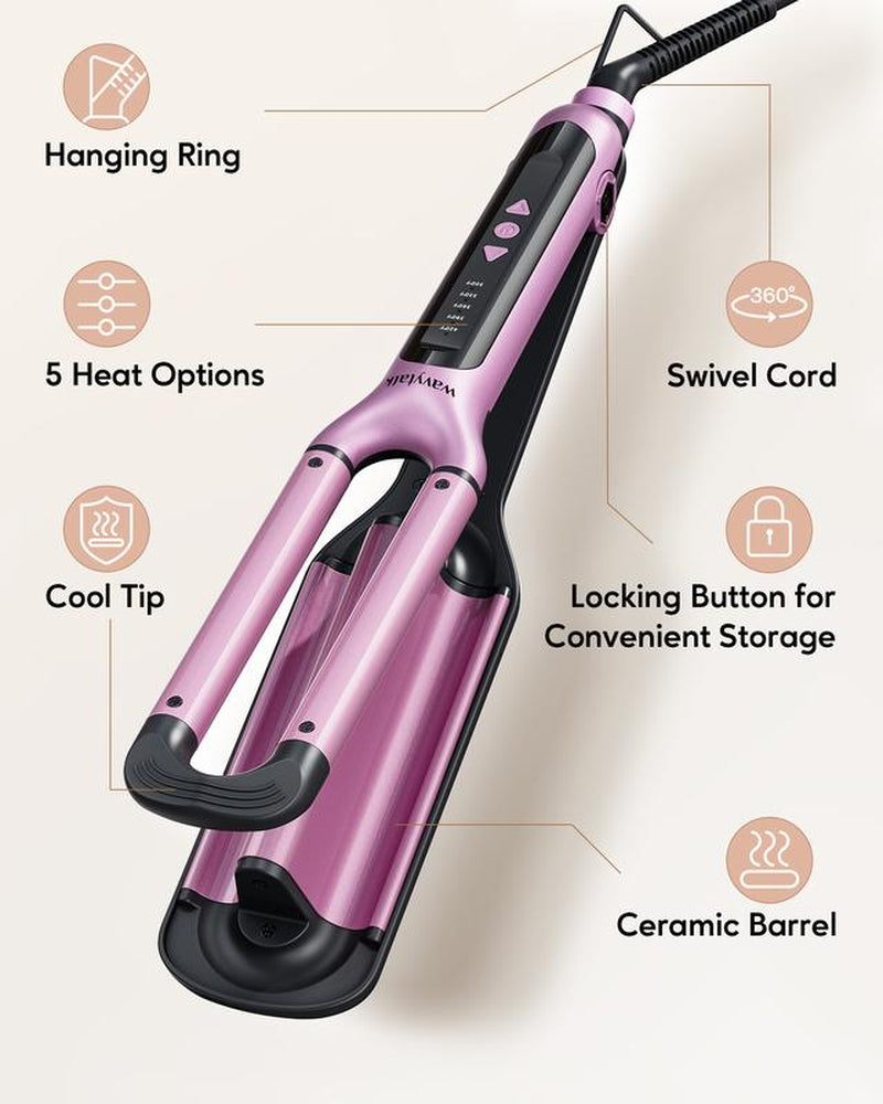 Wavytalk Beachy Waver Hair Crimpers with 3 Barrel, Fast Heat Curling Iron, Easy-To-Use Hair Crimper for Effortless Waves, Pink
