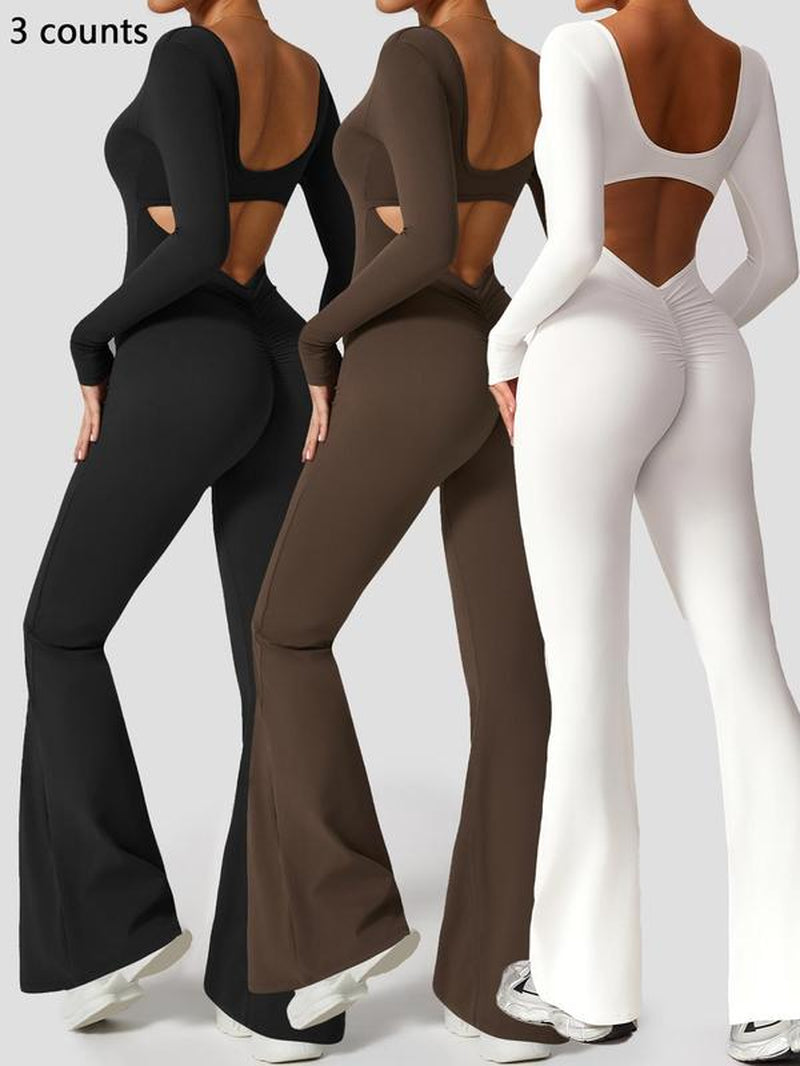 Women'S High Elasticity Long Sleeved Jumpsuit with Wide Legs, Hollow Back Waist Lifting and Tight Fitting Yoga Clothes for All Seasons Golf Tennis Outdoor Running Cycling Hiking Walking Gym Sports Training Fashionable and Versatile, Workout Gym Clothing