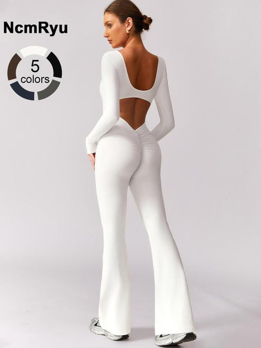 Women'S High Elasticity Long Sleeved Jumpsuit with Wide Legs, Hollow Back Waist Lifting and Tight Fitting Yoga Clothes for All Seasons Golf Tennis Outdoor Running Cycling Hiking Walking Gym Sports Training Fashionable and Versatile, Workout Gym Clothing