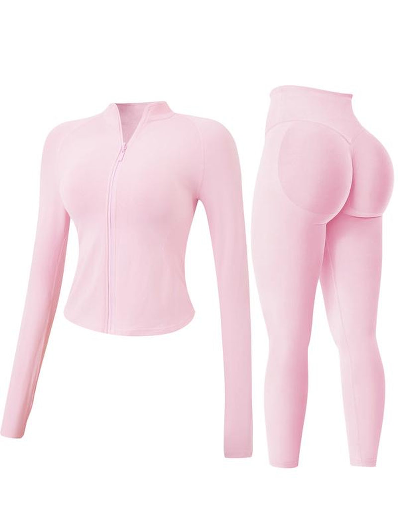 Women'S 2-Piece Set Seamless Sexy Standing Collar Zipper Exercise Suit Windproof Slim Warm Top Long Sleeve + Tight Hip Lifting Exercise Pants Quick Dry Yoga Clothing Fitness Running Exercise Stretchy Breathable Zipper Exercise Suit with Finger Holes